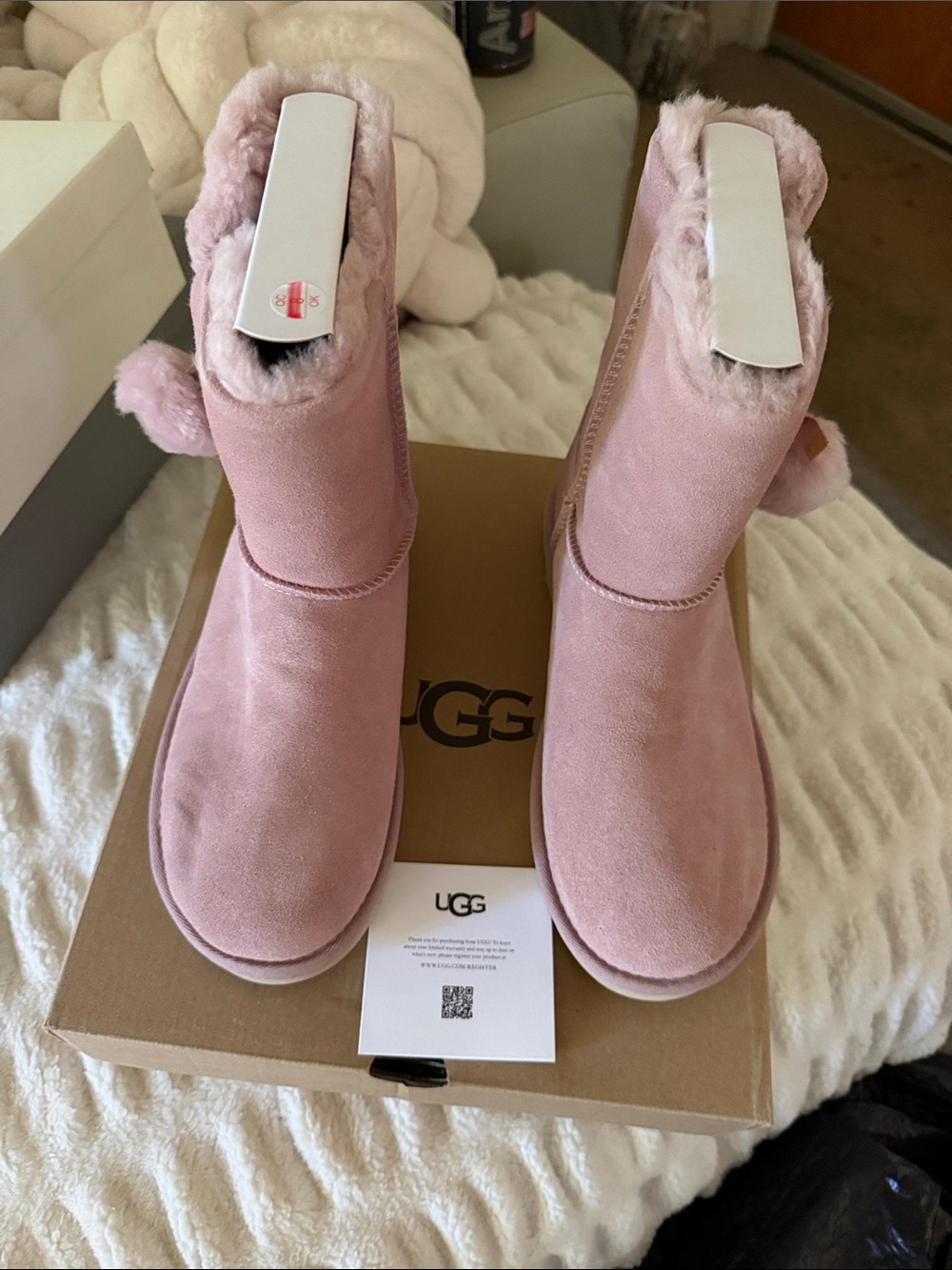 UGG Women's Short Boot in Light Pink Suede with Shearling Trim